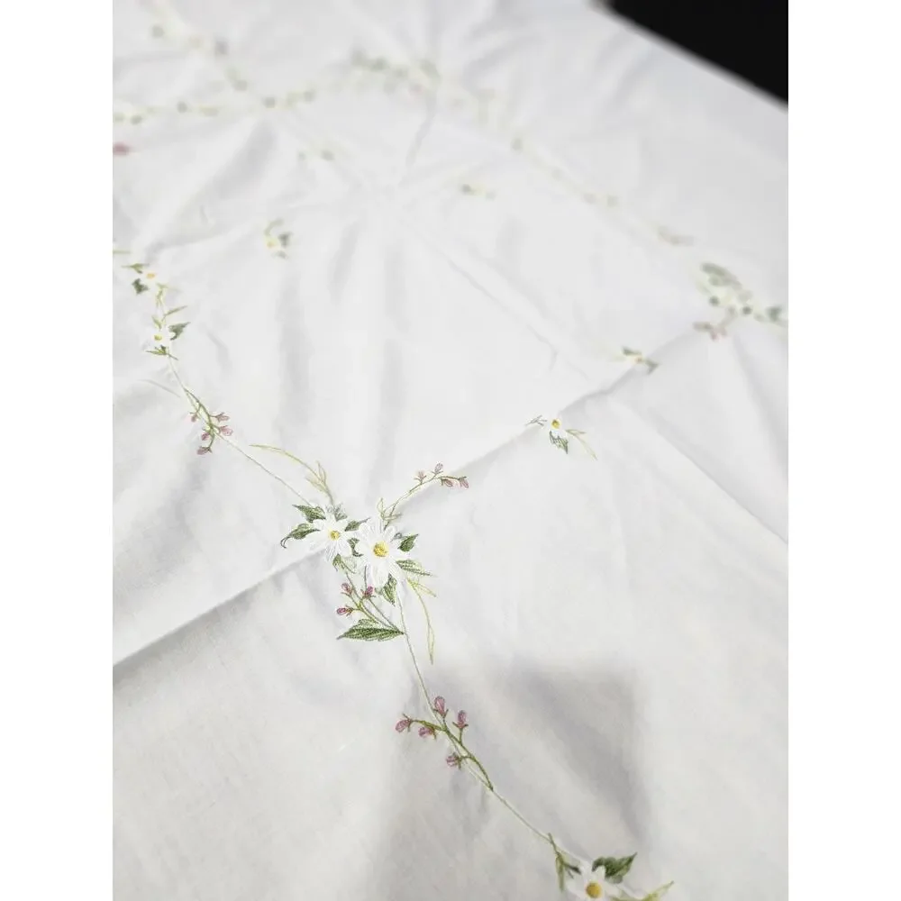 Vintage Rectangular Embroidered Floral Fabric Tablecloth Light Stain 79